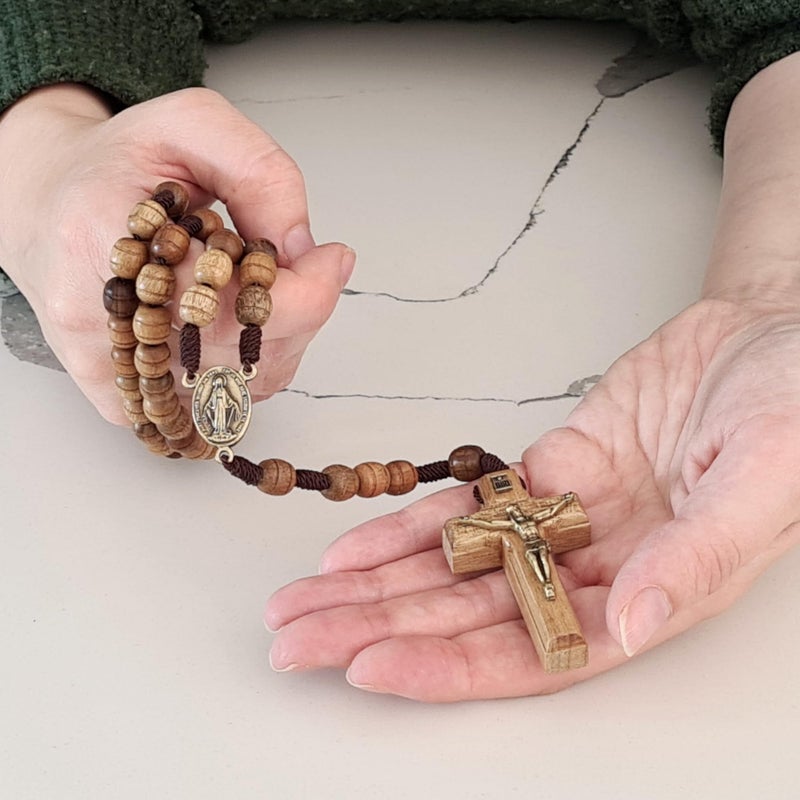 Alexander Castle Our Father Solid Wooden Rosary Beads (Handmade - Brazilian Walnut) with Madonna Medallion Junction - Comes in Velour Gift Pouch - Image 3